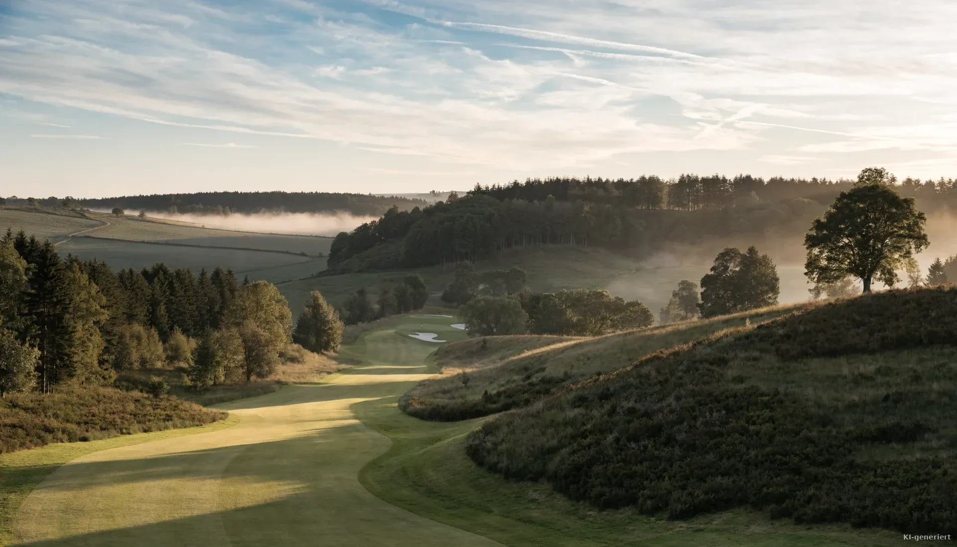 Fairway im Morgennebel zwischen Hügeln