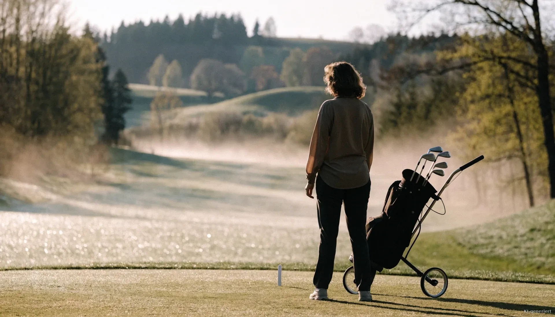 Golferin am ersten Abschlag im Morgenlicht