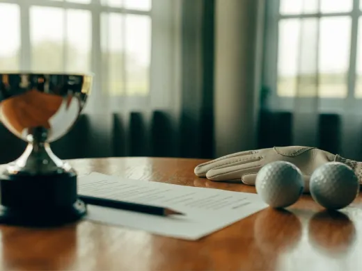 Pokal, Startliste und Golfbälle auf einem Tisch