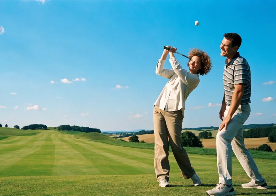 Einsteigerin schlägt an einem sonnigen Tag ihren ersten Ball