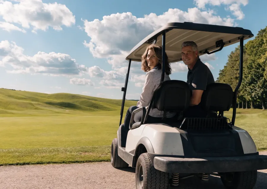 Gäste mit Golfcart auf dem sonnigen Fairway